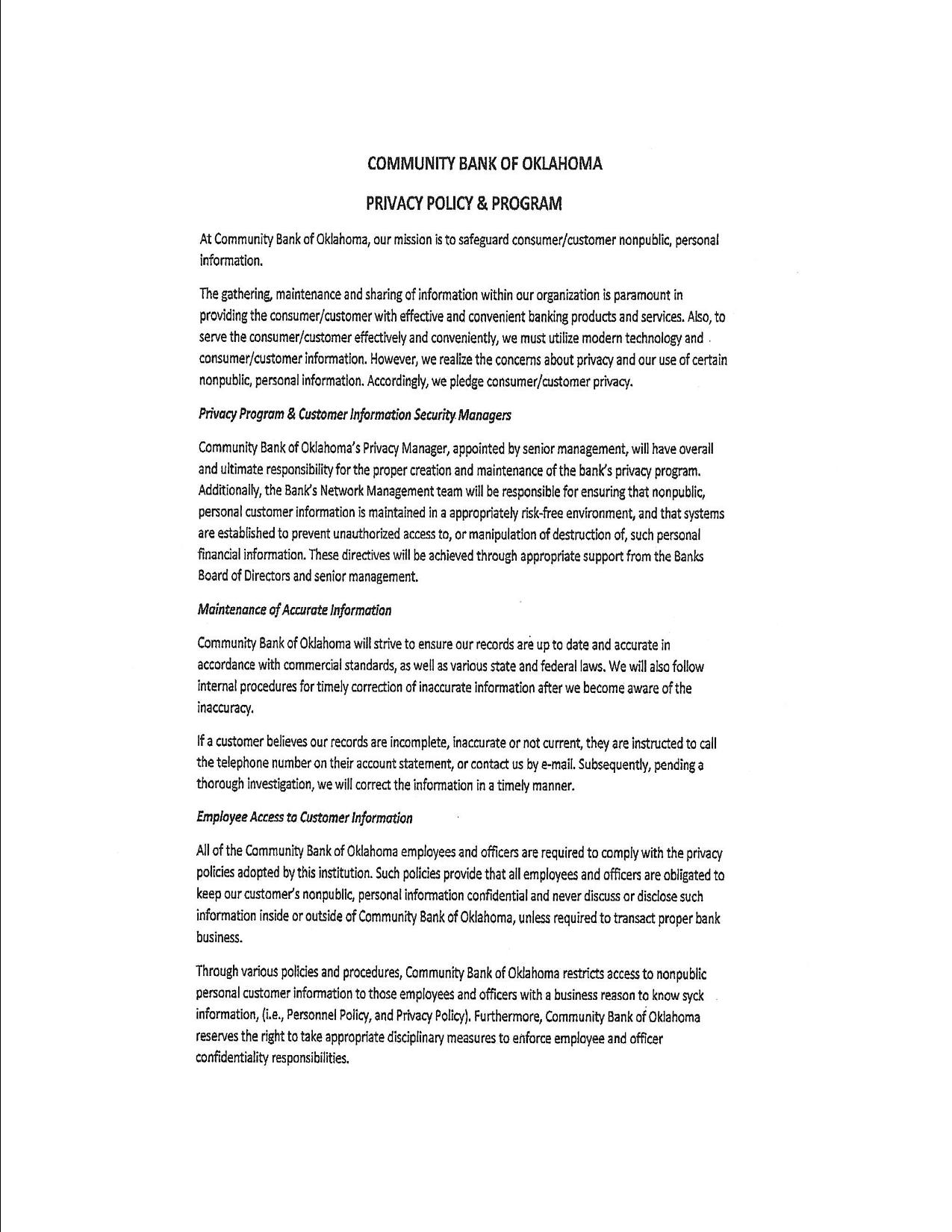 Privacy policy program header and paragraphs